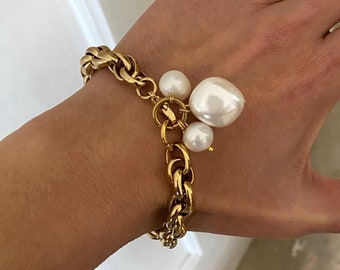 Chunky Perlen-Charm-Armband, Edelstahlkette, Gold-Ton