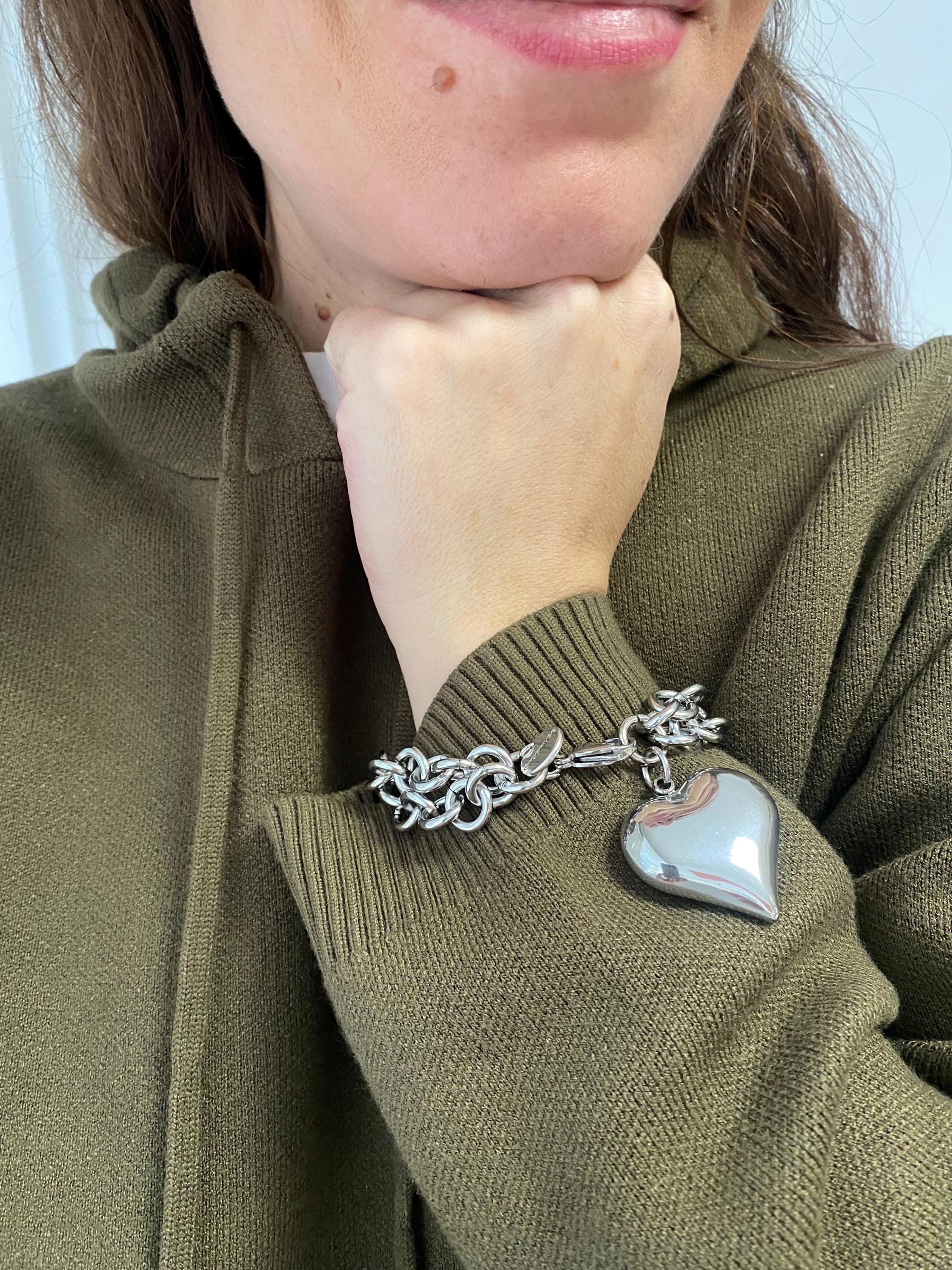 ヴィンテージ！Silver Puffy Chain Heart ブレスレット Heart Bracelet for Woman, Large Puffy Heart Bracelet, Silver