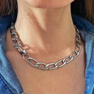 Silver chain necklace, big chunky chain necklace with modern closure, steel thick large chain necklace, unisex minimal jewelry