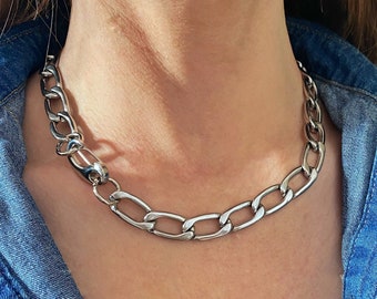 Silver chain necklace, big chunky chain necklace with modern closure, steel thick large chain necklace, unisex minimal jewelry