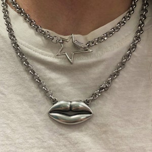 Lightning necklace, thunder screw carabiner necklace, silver lips necklaces, y2k jewelry, fun trendy jewelry