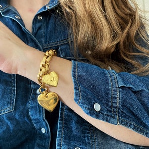 Heart charm bracelet, gold heart bracelet, large heart bracelet, gold chunky steel chain bracelet, large gold bracelet, y2k aesthetic image 7