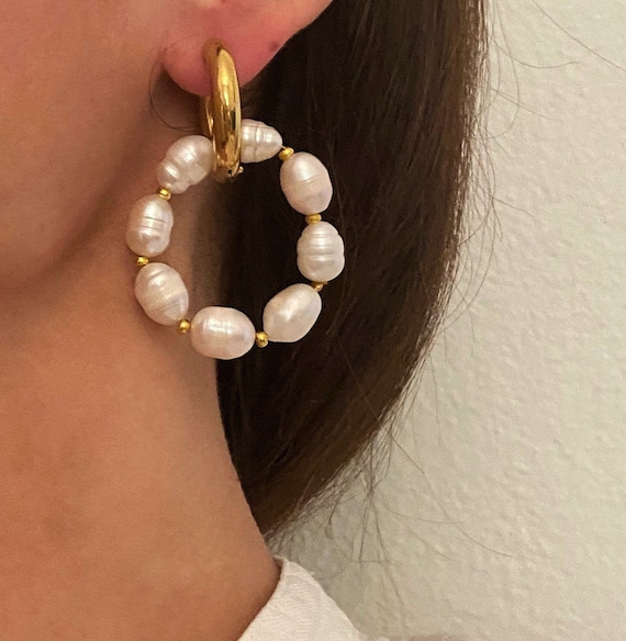 Gold, Cultured Pearl and Charm Hoop Earrings