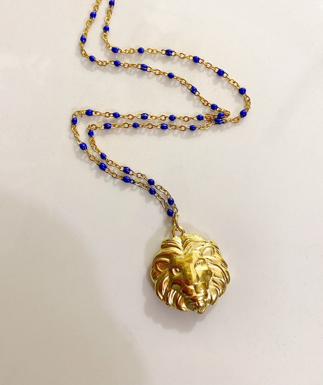 lion-necklace-blue-rosary-necklace-lion-charm-necklace-gold-lion