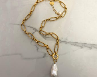 Baroque Pearl Pendant Necklace: Chunky Gold Steel Chain, Large Fireball  freshwater Pearl