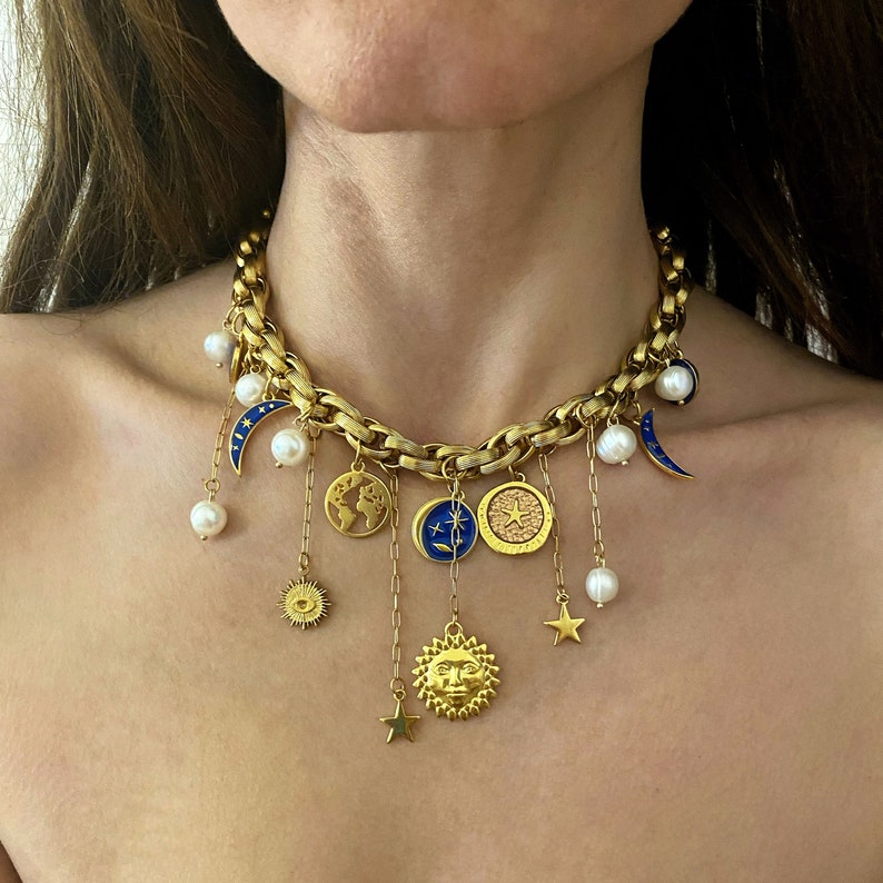 gold charm necklace, moon sun necklace, multi charms Bracelet, half moon necklace, chunky gold bracelet, many different charm necklace image 6