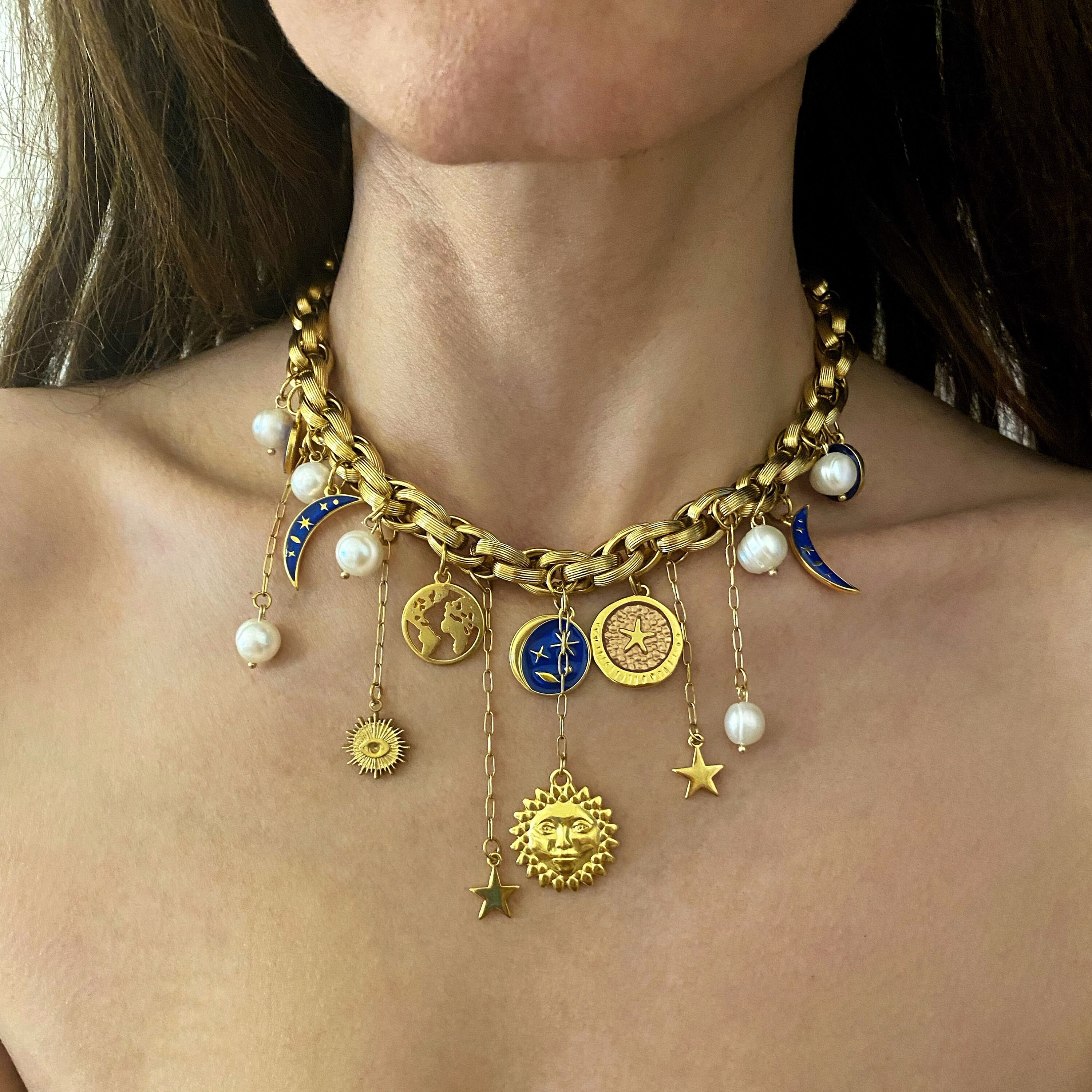 Gold Charm Necklace, Moon Sun Necklace, Multi Charms