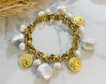 Dangling charm bracelet, pearl charm bracelet, large aesthetic bracelet with mother of pearl charms, medallion oversized bracelet