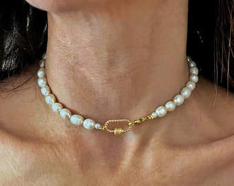 Natural pearls choker, carabiner choker, fresh pearls necklace, bridal jewelry, bride necklace, real pearl necklace, minimalist jewelry