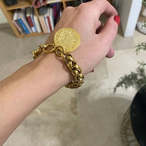 coin charm bracelet, chunky chain bracelet with charm, statement bracelet, big coin bracelet, retro old style bracelet, gold tone bracelet image 5