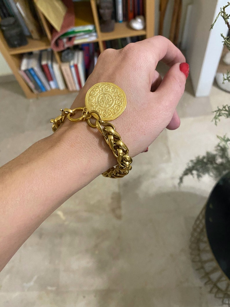 coin charm bracelet, chunky chain bracelet with charm, statement bracelet, big coin bracelet, retro old style bracelet, gold tone bracelet image 5