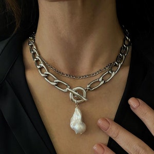 baroque pearl pendant necklace, irregular pearl necklace, chunky toggle necklace, large real pearl necklace, silver necklace for woman