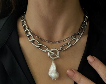 baroque pearl pendant necklace, irregular pearl necklace, chunky toggle necklace, large freshwater pearl necklace, silver necklace for woman