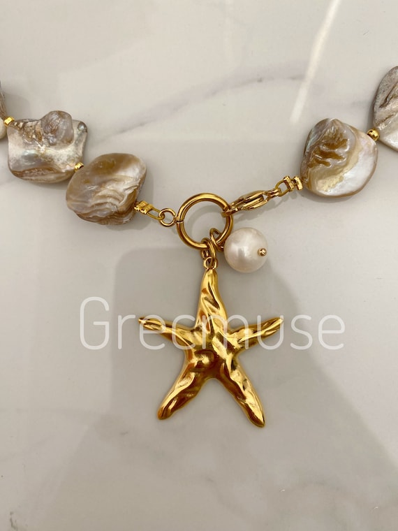Banatra Gold Starfish Necklace & Earring Set - Boho Pearl Beach Jewelry For Women, 2-Piece