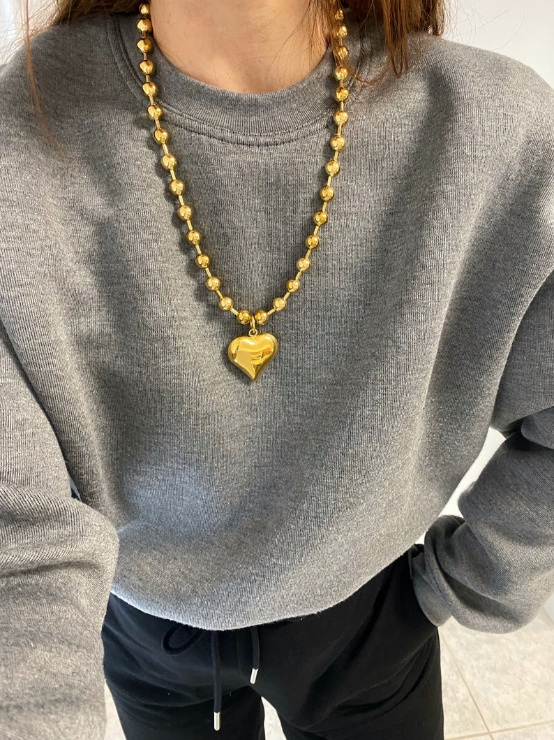 Heart necklace, gold heart necklace, puff heart pendant, ball chain with puffed heart, chunky heart choker image 8