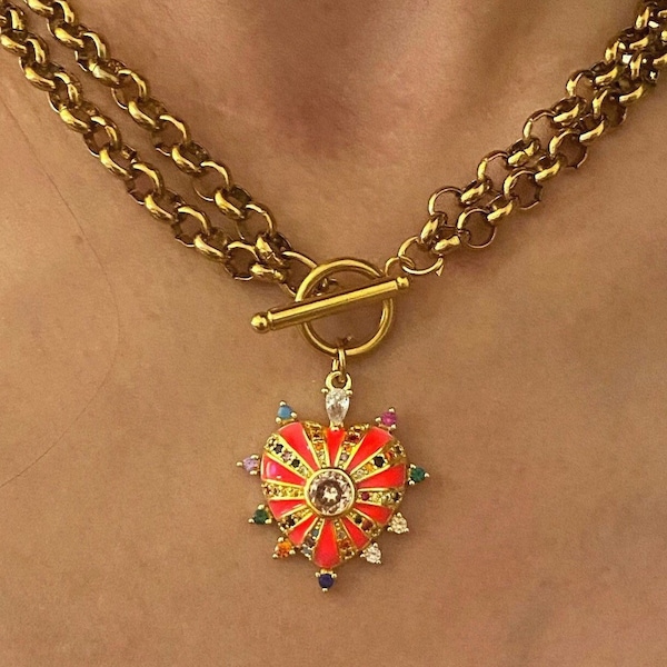 Collar de corazón, collar de corazón de circonitas, collar con colgante de corazón, collar de cadena rolo de acero, collar de palanca con corazón, joyería estética