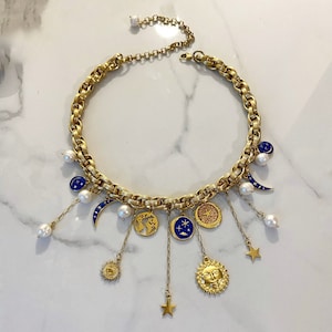 gold charm necklace, moon sun necklace, multi charms Bracelet, half moon necklace, chunky gold bracelet, many different charm necklace image 10