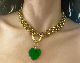 Green heart necklace, chunky heart necklace, double steel chain necklace,  choker with large rolo chain, heart charm necklace