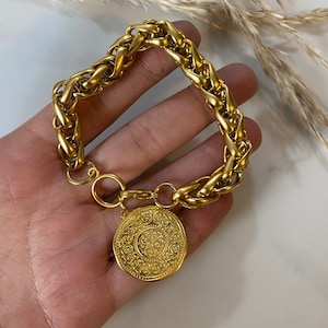 coin charm bracelet, chunky chain bracelet with charm, statement bracelet, big coin bracelet, retro old style bracelet, gold tone bracelet image 6