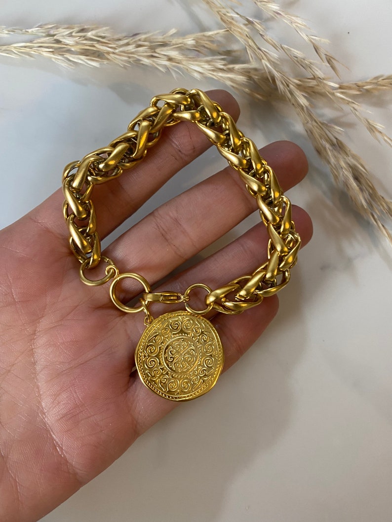 coin charm bracelet, chunky chain bracelet with charm, statement bracelet, big coin bracelet, retro old style bracelet, gold tone bracelet image 6