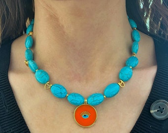 Turquoise colour necklace, orange pendant necklace, evil eye necklace, aesthetic jewelry, stone beads necklace, modern Greek eye necklace