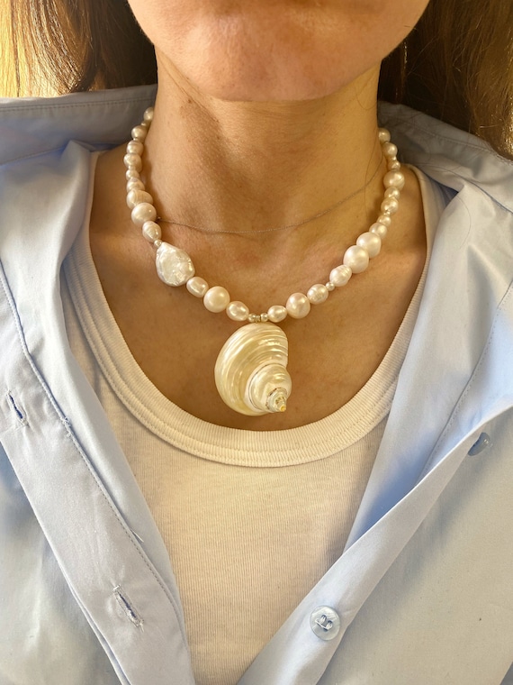 Seashell Necklace, Pearl Necklace With Shell Pendant