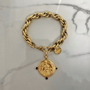 Coin bracelet, chunky gold tone bracelet, big coin bracelet, large retro old style bracelet, bulky  jewelry fod woman