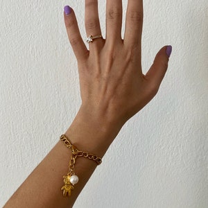 Gold charm bracelet, greek coin bracelet, gold bear bracelet, mother of pearl charm bracelet, y2k jewelry, 90s aesthetic jewelry image 9