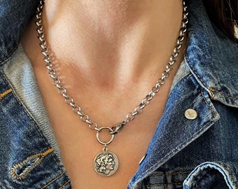 Silver coin necklace , Alexander the Great medallion with vintage style chain, ancient aesthetic coin charm necklace, vergina sun coin