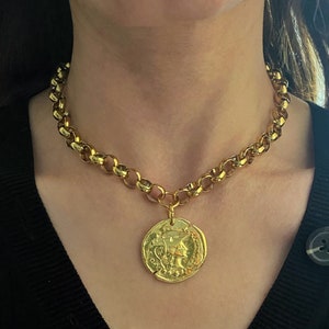 Gold tone coin necklace, large athina coin necklace, chunky jewelry for woman, greek gods jewelry,  coin necklace, short steel necklace