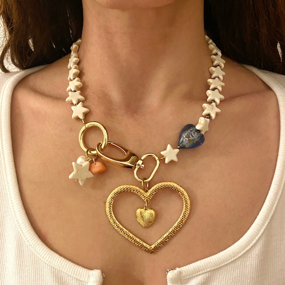 Large Heart Necklace, Y2k Necklace With Stars, Chunky Statement