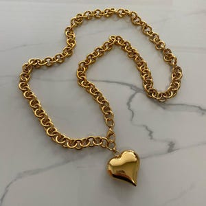 Heart necklace, gold tone heart necklace, puff heart pendant, chunky chain with puffed heart,  long heart  for woman, very long necklace