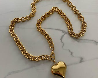 Gold Tone Heart Necklace: Chunky Steel Chain, Puffed Heart Pendant
