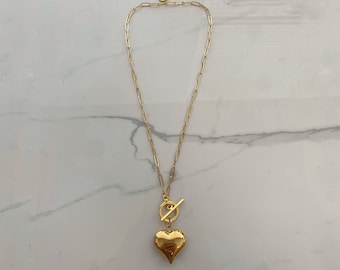 puffy heart necklace, gold tone large heart pendant necklace, big puff heart necklace .gift for wife, Valentine’s Day gift