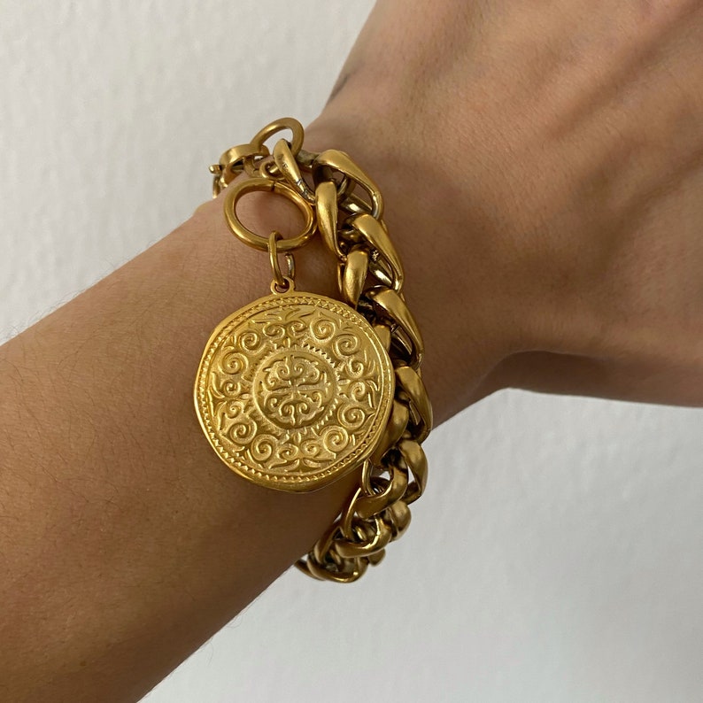 coin charm bracelet, chunky chain bracelet with charm, statement bracelet, big coin bracelet, retro old style bracelet, gold tone bracelet image 10