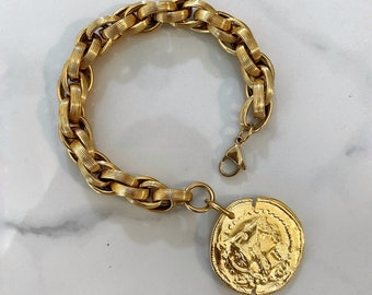Oversized coin charm bracelet, Big Gold tone  coin bracelet, large retro style chain bracelet, medallion bracelet, Athina coin bracelet
