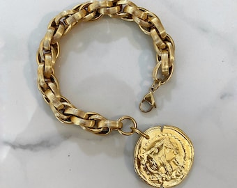 Oversized coin charm bracelet, Big Gold tone  coin bracelet, large retro style chain bracelet, medallion bracelet, Athina coin bracelet