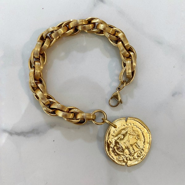 Oversized coin charm bracelet, Big Gold tone  coin bracelet, large retro style chain bracelet, medallion bracelet, Athina coin bracelet