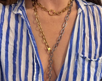Long chain , mixed silver gold tone chain necklace, layering statement chains, chunky jewelry
