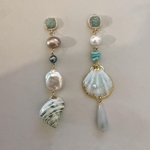 Shell earnings , long  mismatch  earrings , Summer festive jewellery, oceanic jewelry