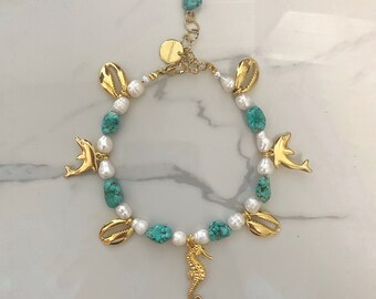 Charm bracelet for the ankle, turquoise tone and pearl anklet, sea theme anklet, summer jewelry, gold tone multi charm anklet