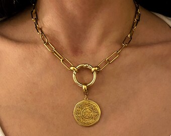 Coin necklace, gold tone coin necklace, chunky gold necklace, Monet colier, large disc necklace, steel link chain necklace,  lock necklace