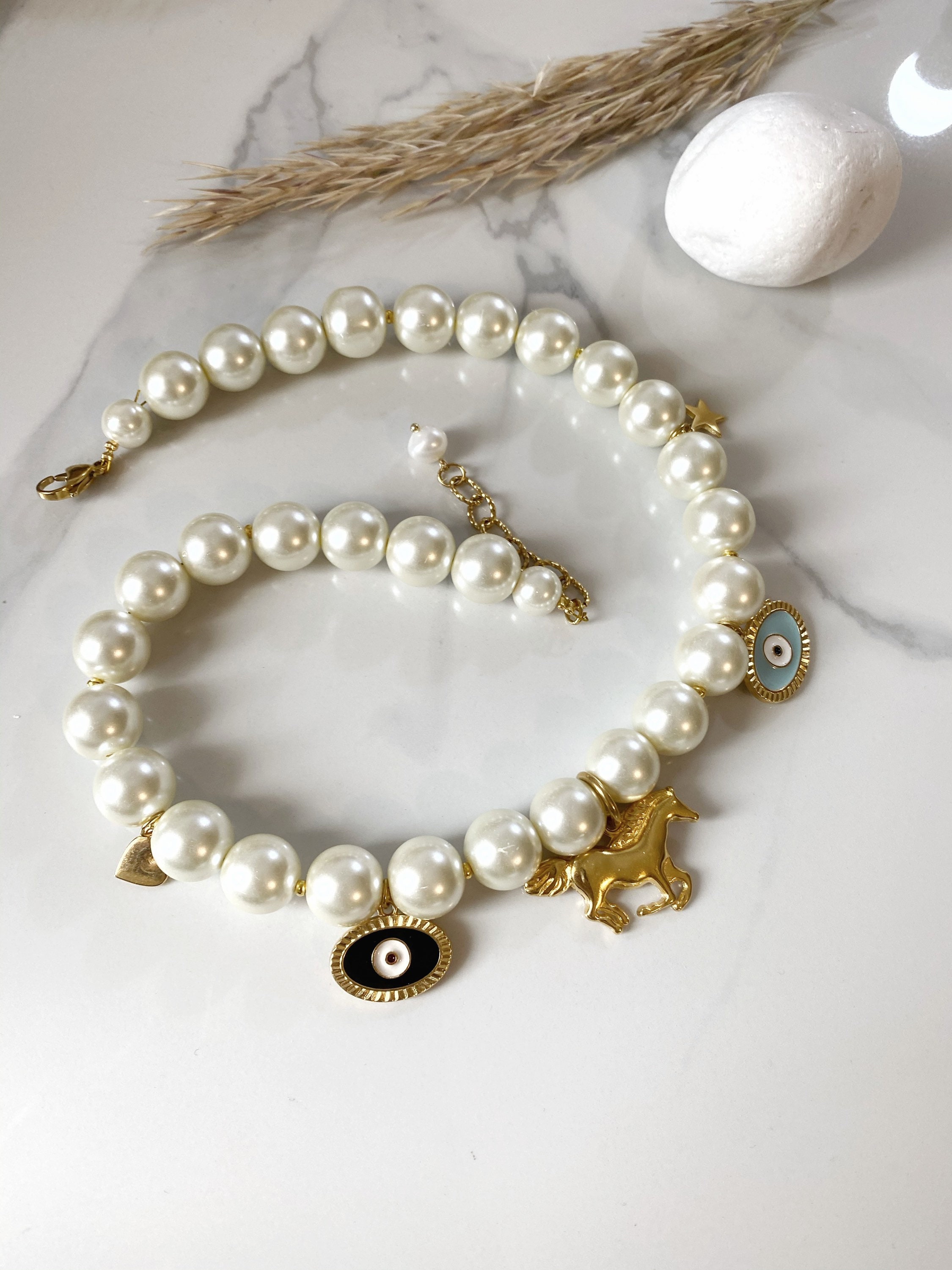 Big Pearl Necklace, Xl Glass Pearls Choker With Charms, Evil Big Pearl Necklace, Xl Glass Pearls Choker With Charms, Evil