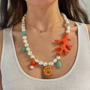 Multi charms necklace, summer long necklace, chunky shell pearl  necklace with various charms , mermaid jewelry, gift for mother