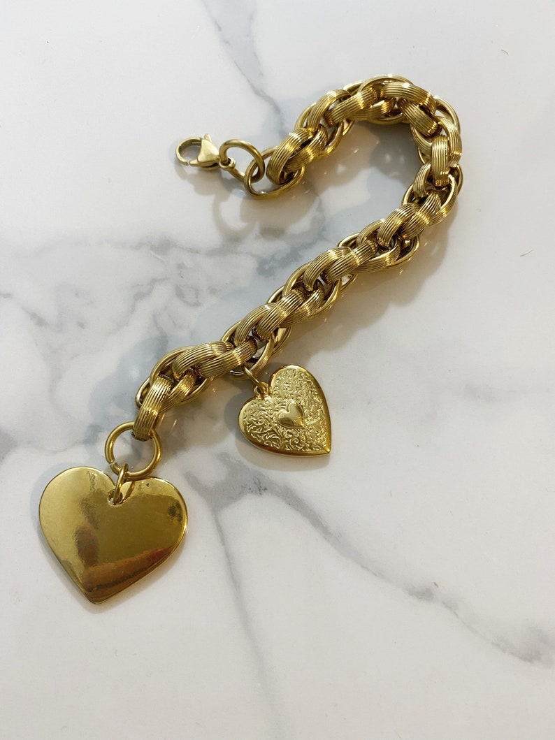 Heart charm bracelet, gold heart bracelet, large heart bracelet, gold chunky steel chain bracelet, large gold bracelet, y2k aesthetic image 5