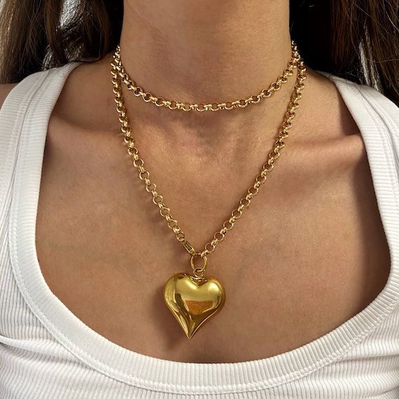 Heart necklace, gold tone heart pendant necklace, puff heart pendant, necklace for woman, super long double necklace