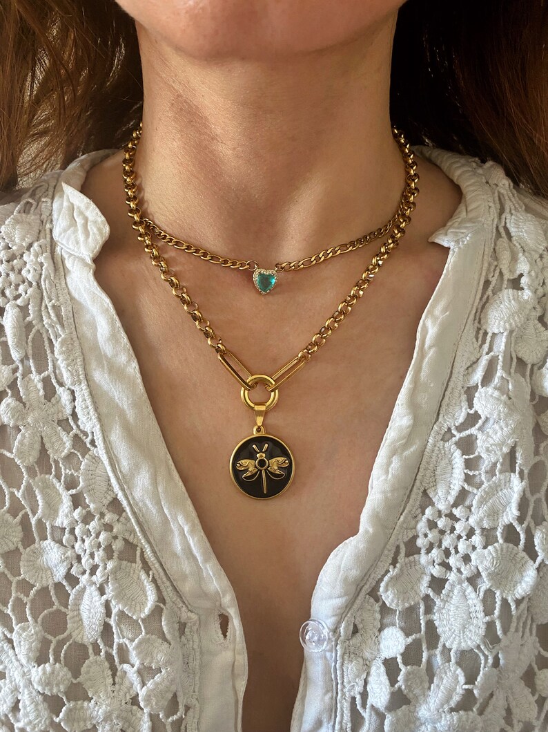 dragonfly necklace, round black coin necklace with insect, everyday jewelry for woman, chunky gold tone necklace, layering jewelry set of two