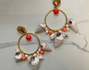 Sea shell earrings, oversized seashell earrings, giant dangle earrings, huge red peach coral  earrings, summer statement jewelry