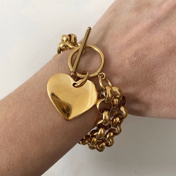 Bracelet coeur doré, bracelet chunky avec charme, grand bracelet surdimensionné, bracelet de style rétro, bracelet médaillon, cadeau de la Saint-Valentin