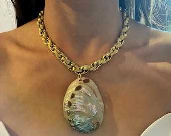 Statement Shell Pendant Necklace: Chunky Steel Chain, Mermaid Core